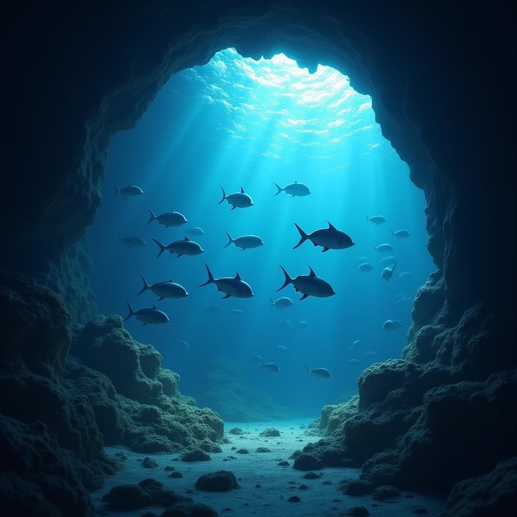  good quality, high quality, a school of fish swim through a dark underwater cave opening into bright blue water