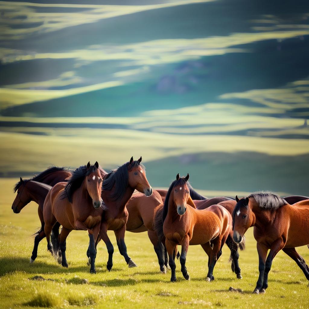  This masterpiece showcases a breathtaking view of a vast grassland, with the best quality and detail captured in stunning 8k resolution. The scene depicts a tranquil and serene atmosphere, where the beauty of nature unfolds. The main subject of this scene is a (herd of wild horses) gracefully galloping across the open plain, their majestic presence adding an ethereal touch to the landscape. The ultra-detailed depiction of the horses' muscular bodies and flowing manes brings them to life. The grassy terrain is richly textured, with each blade of grass meticulously rendered, creating a sense of realism and immersion. The clear blue sky above is enhanced by fluffy white clouds, casting soft shadows on the ground. The sunlight bathes the scene  hyperrealistic, full body, detailed clothing, highly detailed, cinematic lighting, stunningly beautiful, intricate, sharp focus, f/1. 8, 85mm, (centered image composition), (professionally color graded), ((bright soft diffused light)), volumetric fog, trending on instagram, trending on tumblr, HDR 4K, 8K