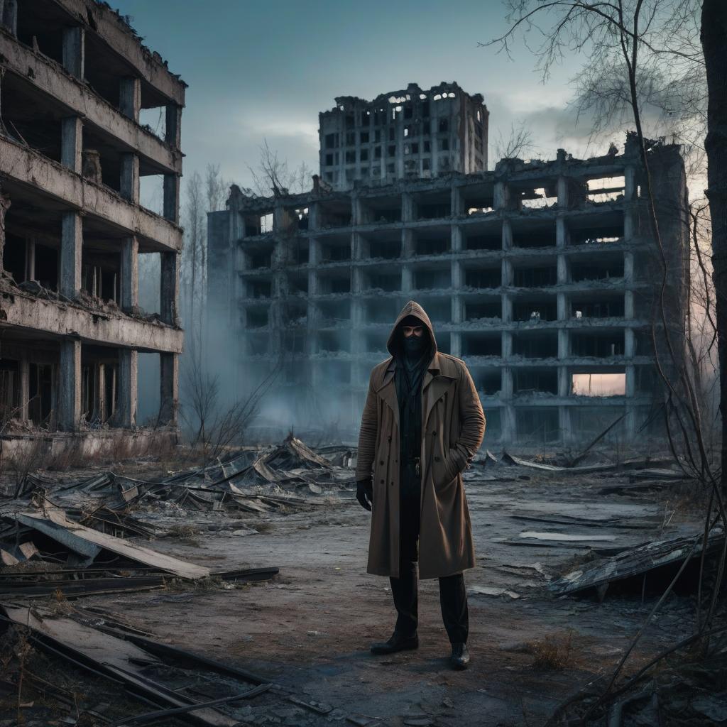  A man dressed as a stalker is standing in front of the ruins of the city of Pripyat at night. hyperrealistic, full body, detailed clothing, highly detailed, cinematic lighting, stunningly beautiful, intricate, sharp focus, f/1. 8, 85mm, (centered image composition), (professionally color graded), ((bright soft diffused light)), volumetric fog, trending on instagram, trending on tumblr, HDR 4K, 8K