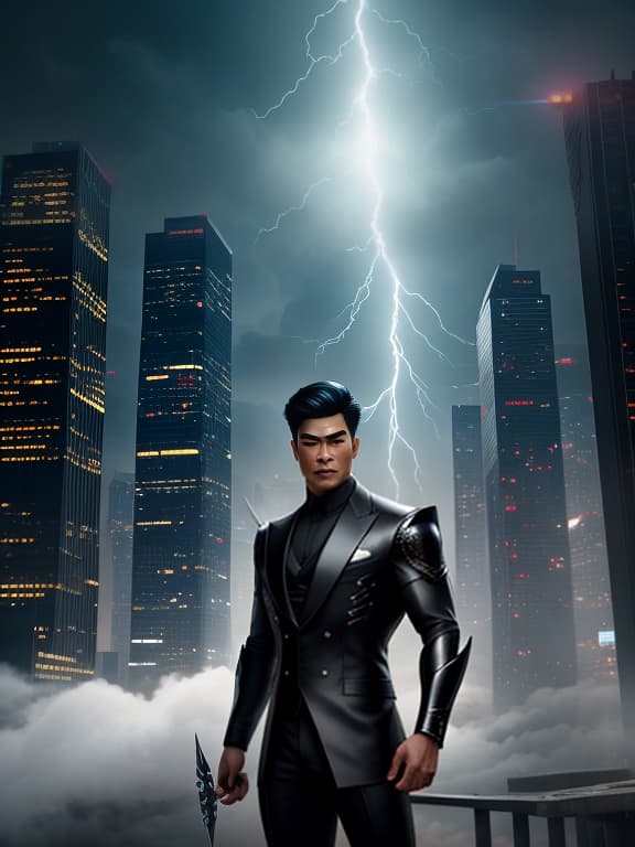  A hero with bolts of lightning in his hands, in front of a city. The hero has Asian features on his face. He is dressed in a classic black suit. hyperrealistic, full body, detailed clothing, highly detailed, cinematic lighting, stunningly beautiful, intricate, sharp focus, f/1. 8, 85mm, (centered image composition), (professionally color graded), ((bright soft diffused light)), volumetric fog, trending on instagram, trending on tumblr, HDR 4K, 8K