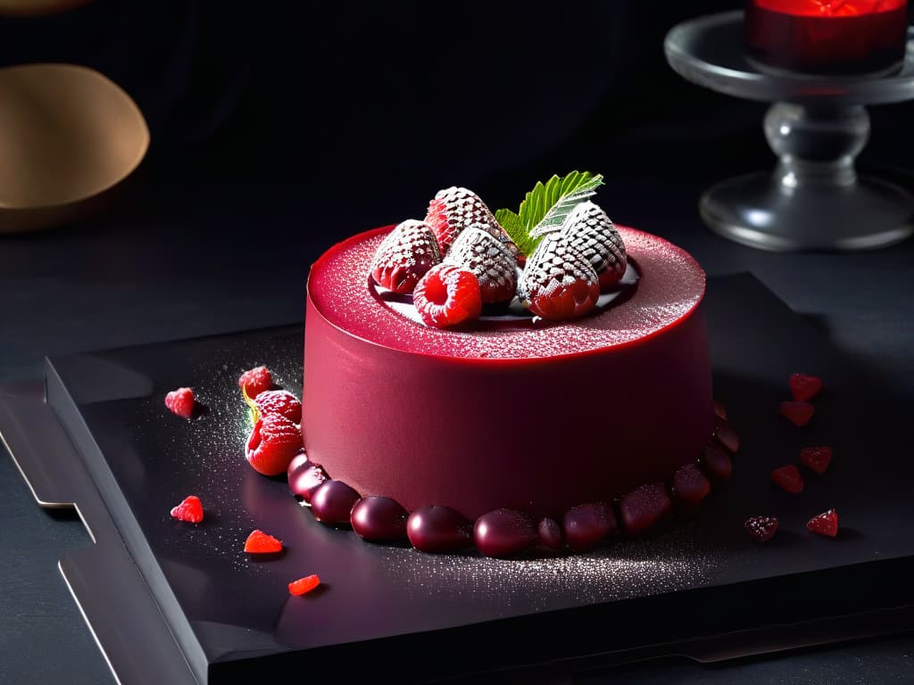  A closeup, ultradetailed image of a perfectly crafted, minimalist dessert on a sleek, matte black plate. The dessert is a delicate mousse cake adorned with a single fresh raspberry resting elegantly on top. The glossy texture of the mousse contrasts beautifully with the matte plate, highlighting the meticulous attention to detail in both the dessert's creation and its presentation. The soft lighting enhances the shadows, adding depth and sophistication to the overall composition. hyperrealistic, full body, detailed clothing, highly detailed, cinematic lighting, stunningly beautiful, intricate, sharp focus, f/1. 8, 85mm, (centered image composition), (professionally color graded), ((bright soft diffused light)), volumetric fog, trending on instagram, trending on tumblr, HDR 4K, 8K