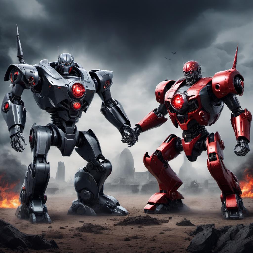  Advertising poster style Two evil and terrifying battle robots vampires. opposition . Professional, modern, product-focused, commercial, eye-catching, highly detailed