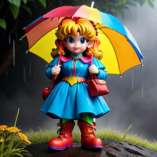  highly detailed clay model of Rainbow Brite holding an umbrella diorama hyperrealistic, full body, detailed clothing, highly detailed, cinematic lighting, stunningly beautiful, intricate, sharp focus, f/1. 8, 85mm, (centered image composition), (professionally color graded), ((bright soft diffused light)), volumetric fog, trending on instagram, trending on tumblr, HDR 4K, 8K