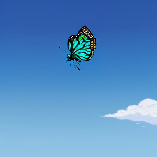  Flying butterfly silhouette on blue sky backdrop. 8k. ultra hd style. Makoto Shinkai style.