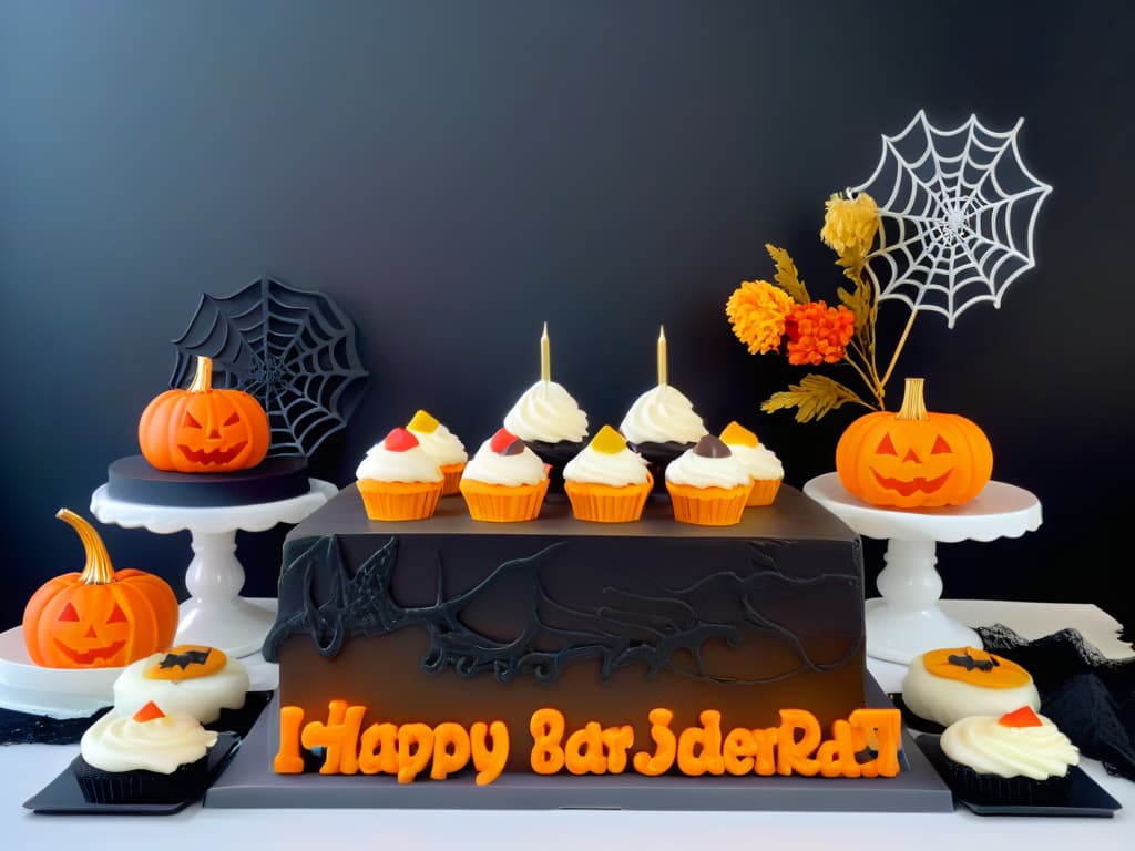  A minimalistic, highly detailed image of a Halloween dessert table showcasing a variety of postres de Halloween from different time periods. The table is elegantly arranged with vintageinspired treats like pumpkinshaped cookies, ghost meringue pops, spiderweb cupcakes, and candy corn macarons. Each dessert is meticulously decorated with intricate details, capturing the evolution of Halloween desserts over the years in a visually stunning and sophisticated way. The background is a soft, neutral color to enhance the vibrant colors of the treats, making them the focal point of the image. hyperrealistic, full body, detailed clothing, highly detailed, cinematic lighting, stunningly beautiful, intricate, sharp focus, f/1. 8, 85mm, (centered image composition), (professionally color graded), ((bright soft diffused light)), volumetric fog, trending on instagram, trending on tumblr, HDR 4K, 8K