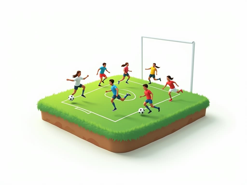  players playing football on green field island, vector, illustraction, white background