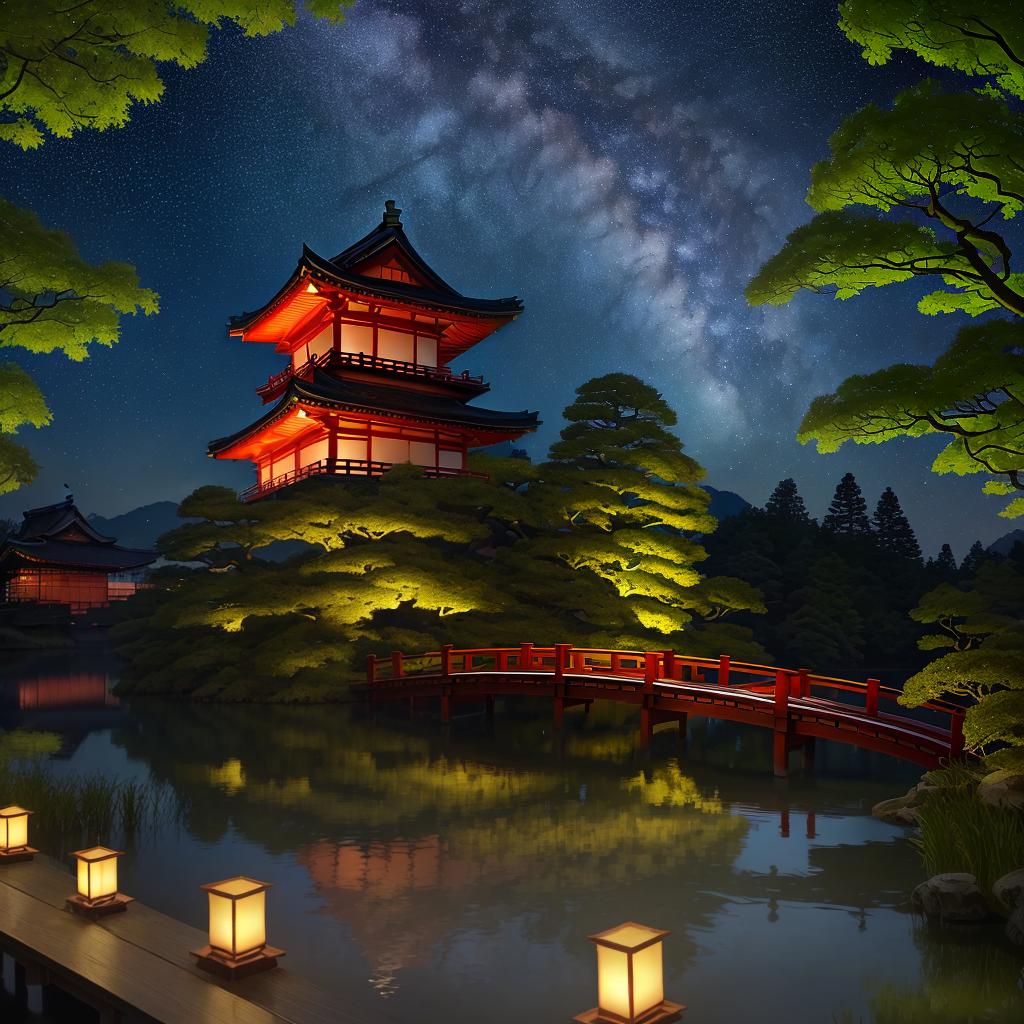  masterpiece, best quality, (Fidelity: 1.4), Best Quality, Masterpiece, Ultra High Resolution, 8k resolution, A night view inspired by Japanese art, featuring a garden illuminated by paper lanterns and a wooden bridge spanning a tranquil lake, by the lakeside, there is a small Zen temple. The water reflects the starry sky.