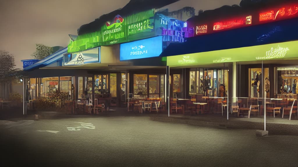  a 24 hours restaurant with parking space and a road on left side of restaurant, hyperrealistic, full body, highly detailed, cinematic lighting, intricate, sharp focus, f/1. 8, 85mm, (centered image composition), (professionally color graded), ((bright soft diffused light)), volumetric fog, trending on instagram, HDR 4K, 8K