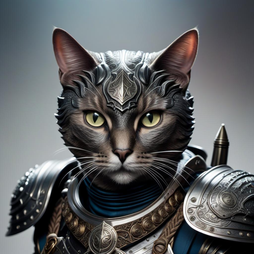  lovecraftian horror A paladin cat in armor. . eldritch, cosmic horror, unknown, mysterious, surreal, highly detailed hyperrealistic, full body, detailed clothing, highly detailed, cinematic lighting, stunningly beautiful, intricate, sharp focus, f/1. 8, 85mm, (centered image composition), (professionally color graded), ((bright soft diffused light)), volumetric fog, trending on instagram, trending on tumblr, HDR 4K, 8K