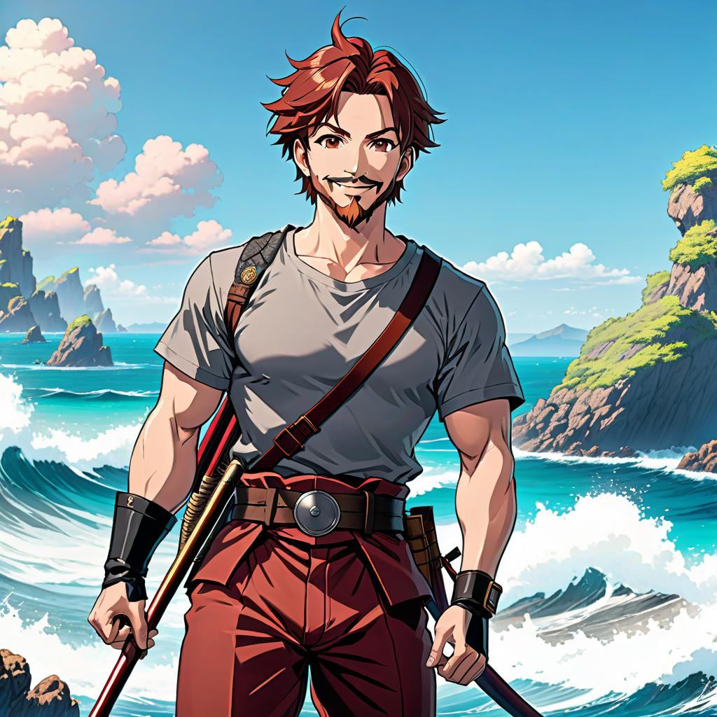  manga style From the front, a man wearing a gray cotton T shirt, brown pants with high waisted belts, black boots, reddish brown hair, large carmine eyes, and a beard is smiling. He's holding a spear in his right hand and standing in front of an ocean backdrop, styled as a cartoon anime. . vibrant, high energy, detailed, iconic, Japanese comic style hyperrealistic, full body, detailed clothing, highly detailed, cinematic lighting, stunningly beautiful, intricate, sharp focus, f/1. 8, 85mm, (centered image composition), (professionally color graded), ((bright soft diffused light)), volumetric fog, trending on instagram, trending on tumblr, HDR 4K, 8K