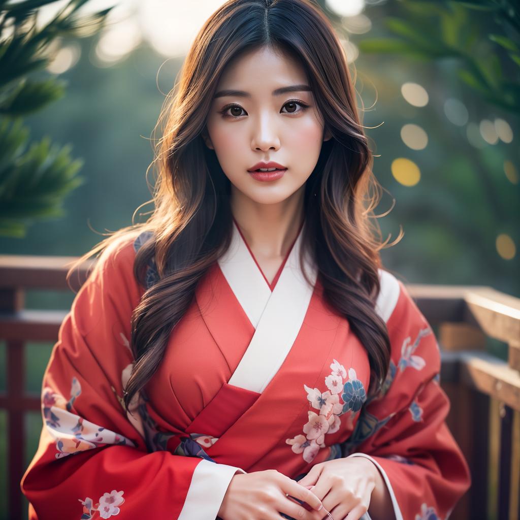  (masterpiece:1.3), (8k, photorealistic, photo, best quality: 1.4), (Japanese woman wearing clothes:),(realistic face), realistic eyes, (realistic skin), beautiful skin, kimono, (perfect body:1.3), (detailed body:1.2), hyperrealistic, full body, detailed clothing, highly detailed, cinematic lighting, stunningly beautiful, intricate, sharp focus, f/1. 8, 85mm, (centered image composition), (professionally color graded), ((bright soft diffused light)), volumetric fog, trending on instagram, trending on tumblr, HDR 4K, 8K