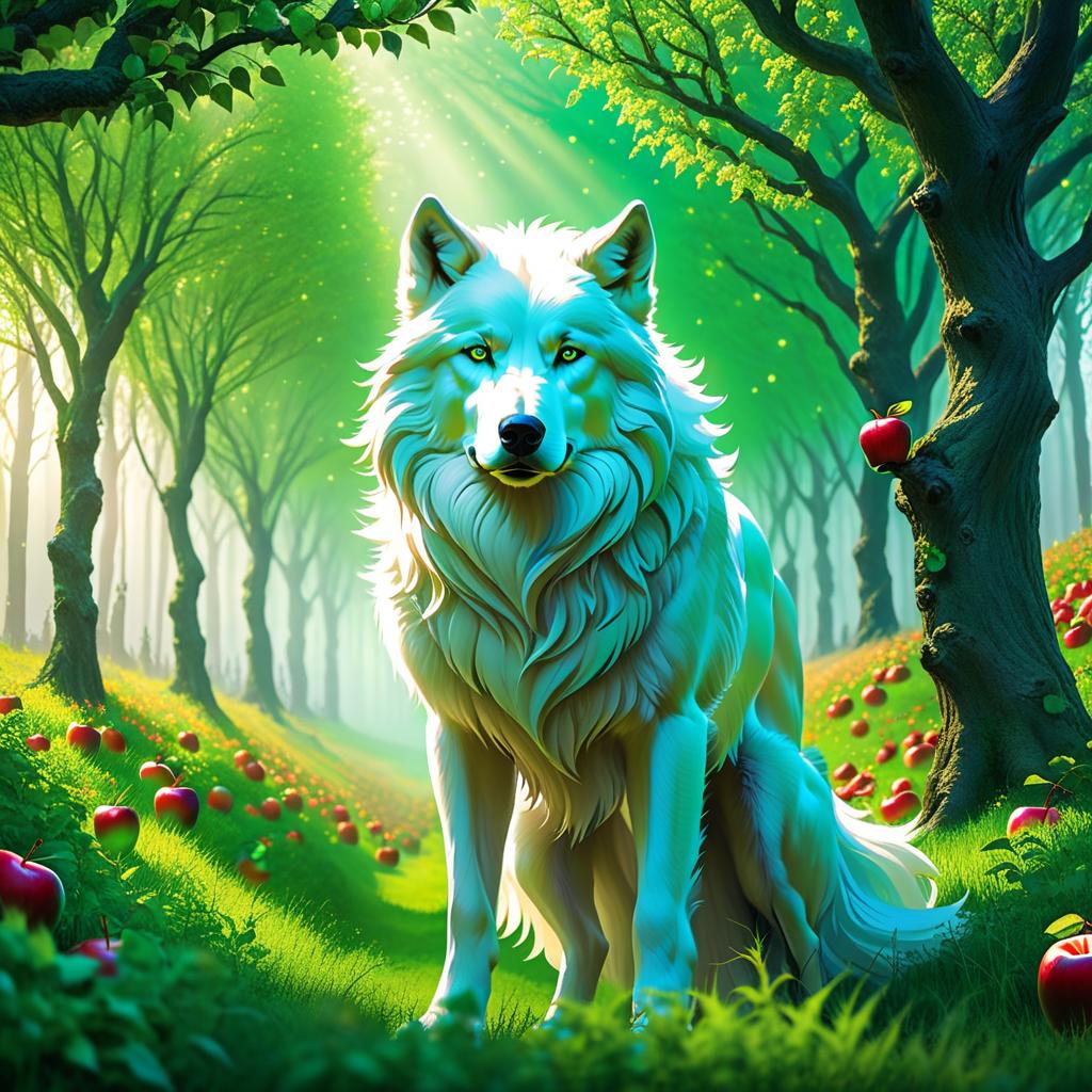  ethereal fantasy concept art of (Background): an apple orchard. He did not immediately realise that there was no more snow under his paws, only soft grass. Leaves on the recently bare trees turned green, and it became clear that this was not a forest at all, but a marvellous apple orchard. A white wolf shifter with green eyes and a black nose in a marvellous apple orchard. Style:fantasy . magnificent, celestial, ethereal, painterly, epic, majestic, magical, fantasy art, cover art, dreamy hyperrealistic, full body, detailed clothing, highly detailed, cinematic lighting, stunningly beautiful, intricate, sharp focus, f/1. 8, 85mm, (centered image composition), (professionally color graded), ((bright soft diffused light)), volumetric fog, trending on instagram, trending on tumblr, HDR 4K, 8K