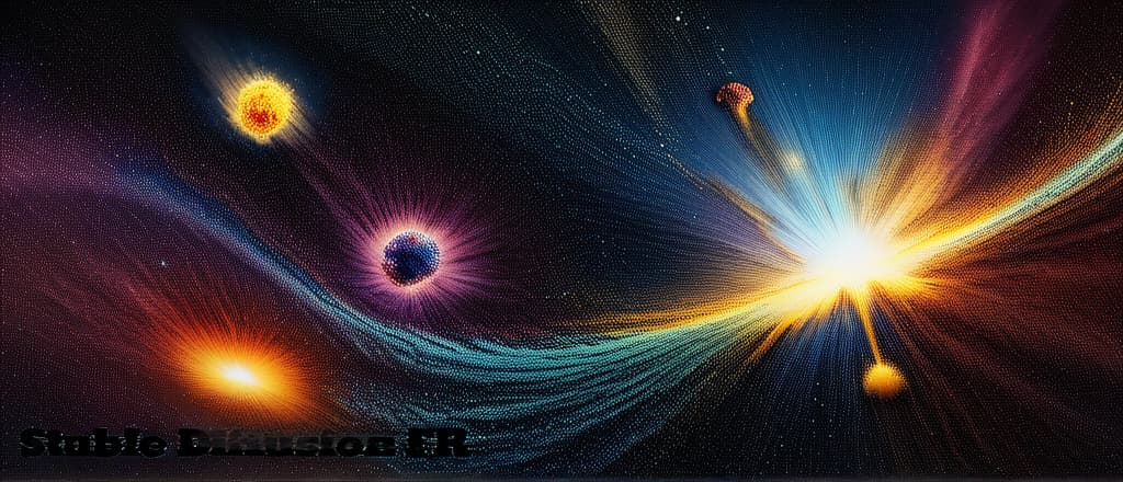  Photo HD, a cosmic explosion in space, planets in formation, featuring vibrant color splashes and intricate details, inspired by the Big Bang Theory. The scene depicts the moment of creation, with swirling patterns and bursts of light, set against a dark and mysterious backdrop. The image should be high resolution, with a cinematic feel and a sense of awe and wonder.