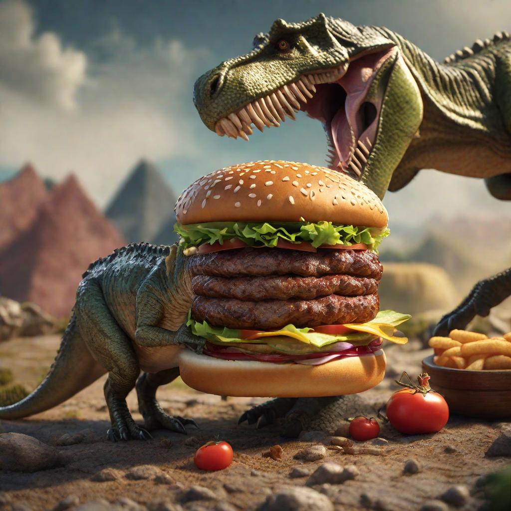  Dinosaurio comiendo una hamburguesa hyperrealistic, full body, detailed clothing, highly detailed, cinematic lighting, stunningly beautiful, intricate, sharp focus, f/1. 8, 85mm, (centered image composition), (professionally color graded), ((bright soft diffused light)), volumetric fog, trending on instagram, trending on tumblr, HDR 4K, 8K