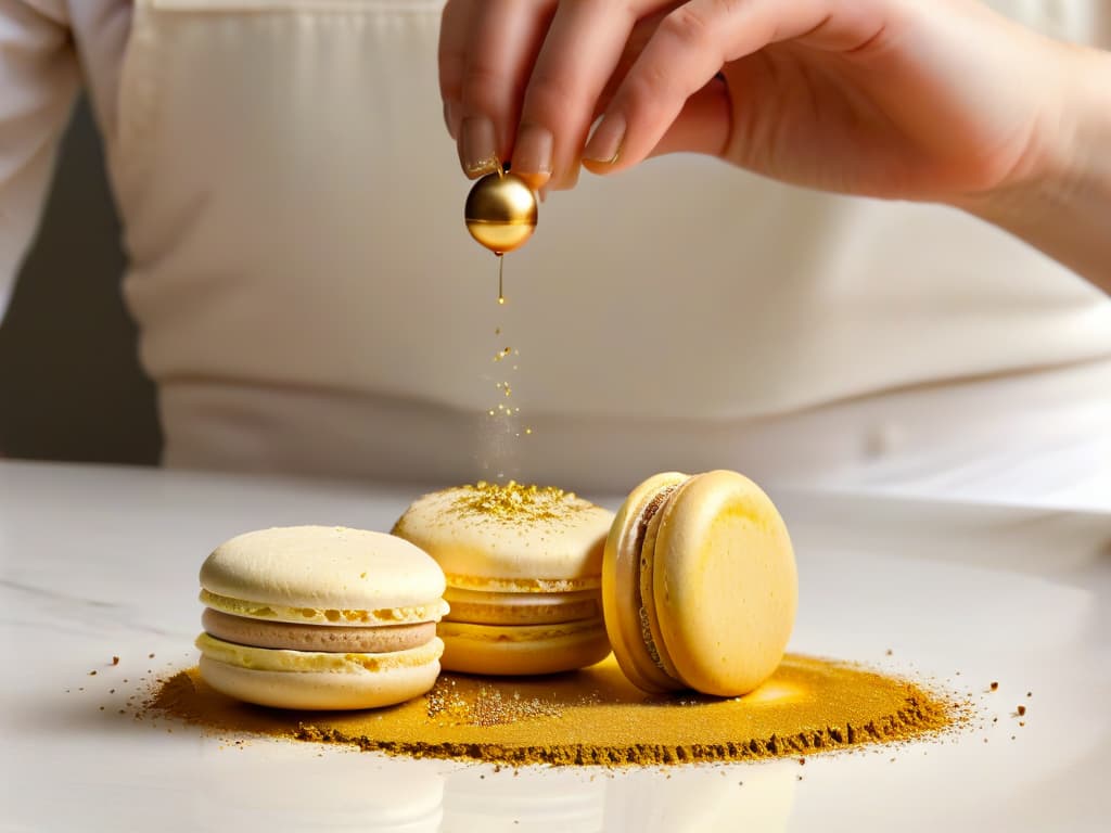  A closeup, ultradetailed image of a pair of expert hands gently dusting a perfectly crafted macaron with a sprinkle of gold dust, set against a sleek, minimalist kitchen backdrop with soft, natural lighting illuminating the scene. The hands show intricate details like faint scars from years of culinary dedication, and the macaron shines with a glossy finish, showcasing a delicate texture and vibrant color. This image exudes elegance, precision, and artistry, capturing the essence of a sophisticated pastrymaking experience in an iconic location. hyperrealistic, full body, detailed clothing, highly detailed, cinematic lighting, stunningly beautiful, intricate, sharp focus, f/1. 8, 85mm, (centered image composition), (professionally color graded), ((bright soft diffused light)), volumetric fog, trending on instagram, trending on tumblr, HDR 4K, 8K