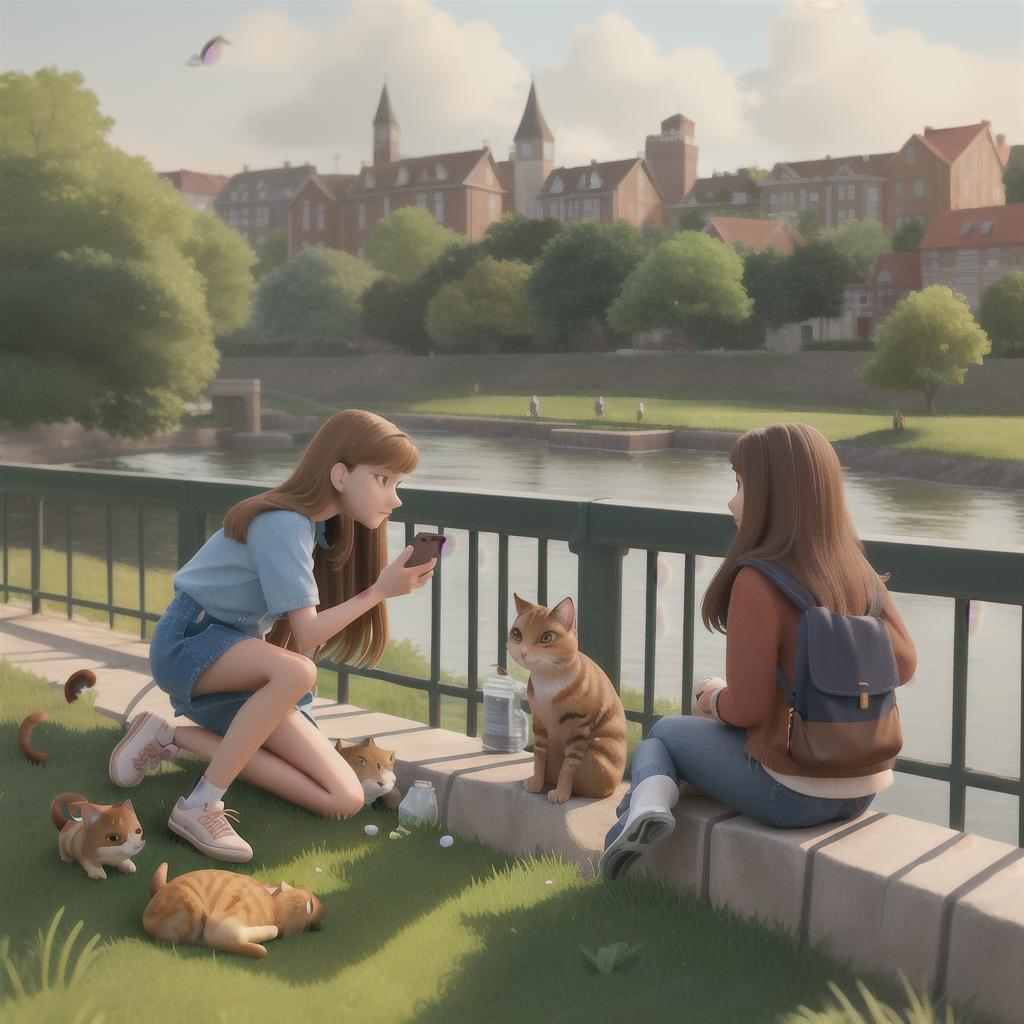  In the middle of the picture are two college girls with a brown cat lying under the railing by the river. The first girl is kneeling on the grass by the river with her cell phone to take pictures of the cat. The second girl is standing not far away and looking at the girl's profile and asking "What are you doing?"