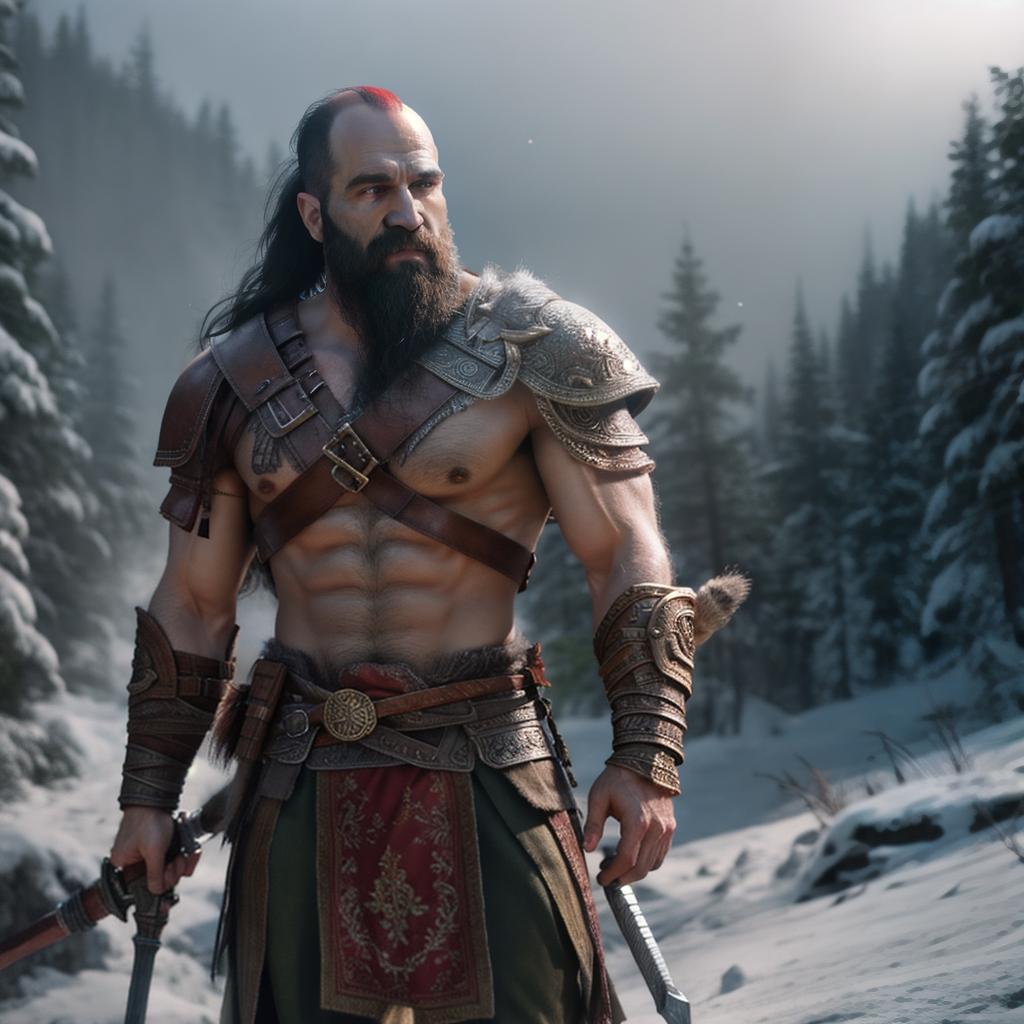  God of war hyperrealistic, full body, detailed clothing, highly detailed, cinematic lighting, stunningly beautiful, intricate, sharp focus, f/1. 8, 85mm, (centered image composition), (professionally color graded), ((bright soft diffused light)), volumetric fog, trending on instagram, trending on tumblr, HDR 4K, 8K