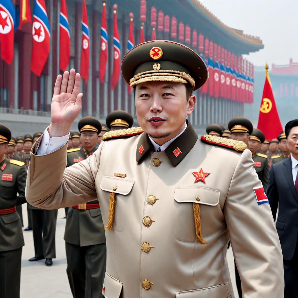  Elon Musk as the leader of North Korea, dressed in a traditional North Korean military uniform, waving to a crowd during a military parade. The image should depict Elon Musk with recognizable features, dressed appropriately for the occasion, surrounded by North Korean military officials, soldiers, and parade elements -- making sure to include flags and banners typical for a North Korean parade. Aim for a realistic and respectful representation, as if it were an actual photograph taken at the event. hyperrealistic, full body, detailed clothing, highly detailed, cinematic lighting, stunningly beautiful, intricate, sharp focus, f/1. 8, 85mm, (centered image composition), (professionally color graded), ((bright soft diffused light)), volumetric fog, trending on instagram, trending on tumblr, HDR 4K, 8K