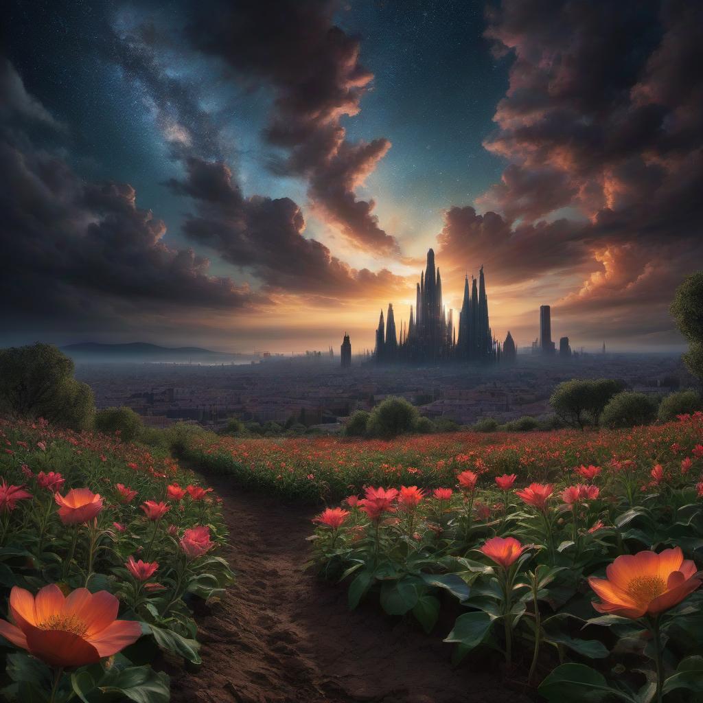  (stylized by Tomasz Alen Kopera:1.3) , dark art, dense flower field and Perseid meteor in background, landscape of a (Barcelona:1.2) , very Bizarre and 1600'S, Hurricane, Glitchcore, Amaro, layered textures, ornate, intricate artistic color, complimentary colors, very inspirational, atmosphere, fine artistic composition, sunny, theatrical hyperrealistic, full body, detailed clothing, highly detailed, cinematic lighting, stunningly beautiful, intricate, sharp focus, f/1. 8, 85mm, (centered image composition), (professionally color graded), ((bright soft diffused light)), volumetric fog, trending on instagram, trending on tumblr, HDR 4K, 8K