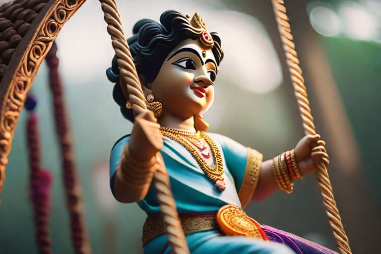  krishna swings on a swing, cute, hyper detail, full HD hyperrealistic, full body, detailed clothing, highly detailed, cinematic lighting, stunningly beautiful, intricate, sharp focus, f/1. 8, 85mm, (centered image composition), (professionally color graded), ((bright soft diffused light)), volumetric fog, trending on instagram, trending on tumblr, HDR 4K, 8K