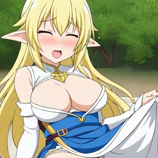  Link bimbofication, yellow hair, long pointed ears, enormous covered in,, ahegao,, overflowing, giving a titfuck,