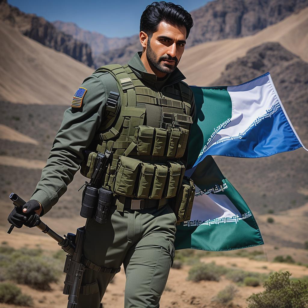  Iranian soilder with the pahlavi flag hyperrealistic, full body, detailed clothing, highly detailed, cinematic lighting, stunningly beautiful, intricate, sharp focus, f/1. 8, 85mm, (centered image composition), (professionally color graded), ((bright soft diffused light)), volumetric fog, trending on instagram, trending on tumblr, HDR 4K, 8K