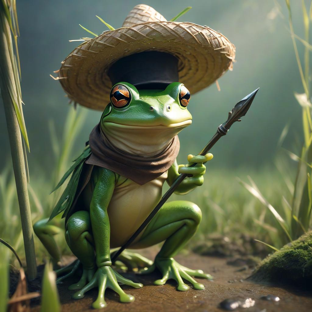  Primitive humanoid green frog only in a wide, tattered straw hat and a steel spear. hyperrealistic, full body, detailed clothing, highly detailed, cinematic lighting, stunningly beautiful, intricate, sharp focus, f/1. 8, 85mm, (centered image composition), (professionally color graded), ((bright soft diffused light)), volumetric fog, trending on instagram, trending on tumblr, HDR 4K, 8K