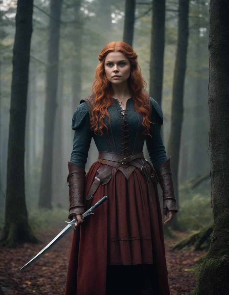  cinematic film still The era of medieval wars, a frame from a film, the most detailed image, cloudy and foggy autumn morning, rain, Chloe Grace Moretz with long light red hair, in a dark forest robber costume, holding a hunting knife in her right hand, with a combat dynamic expressive pose, prepared for battle, forest, maximum detail, especially carefully drawn faces, the maximum correspondence of historical medieval clothes, small details, the most correct anatomy, . shallow depth of field, vignette, highly detailed, high budget, bokeh, cinemascope, moody, epic, gorgeous, film grain, grainy hyperrealistic, full body, detailed clothing, highly detailed, cinematic lighting, stunningly beautiful, intricate, sharp focus, f/1. 8, 85mm, (centered image composition), (professionally color graded), ((bright soft diffused light)), volumetric fog, trending on instagram, trending on tumblr, HDR 4K, 8K