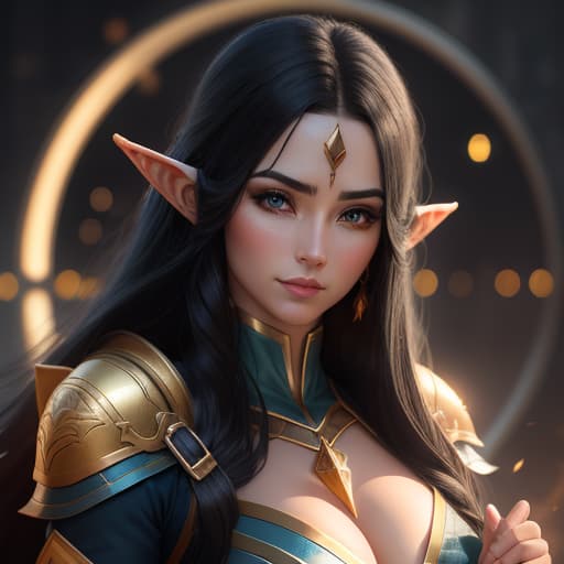  A superhero female elf, with long black hair who's caster of light golden magic, healing magic from her fingers , hyperrealistic, high quality, highly detailed, perfect lighting, intricate, sharp focus, f/1. 8, 85mm, (centered image composition), (professionally color graded), ((bright soft diffused light)), trending on instagram, HDR 4K, 8K