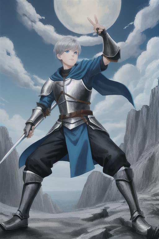  (Low Quality, Worst Quality) 1.4, (Bad Anatomy), ((INACCURATE LIMB & FINGERS)), (Bad Composition), (Bad Composition), Dutch Angle, Tiny Boy, 10-Year OLD, SUPER SHINY S Ilver Hair, Short Wolf Cut, Wolf Fang , Super Fine Blue Eyes, Silver Knight, Large Shield, Outdoor, Dynamic Pose, put a shit on the head
