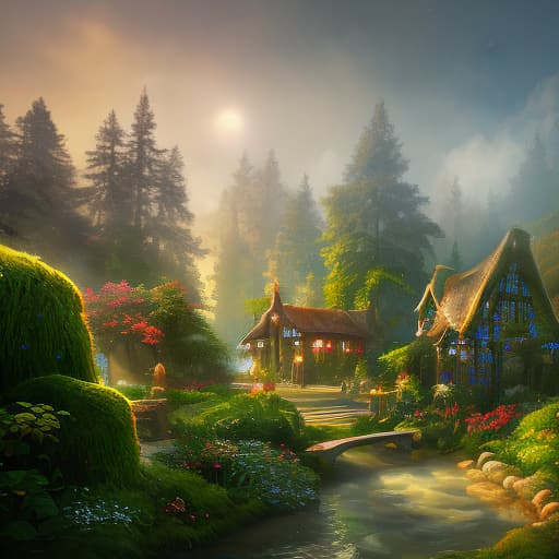  (Painting in oil 1.3) Enchanted cottage in a magical fairy tale garden. Paradise corner, paths, path, bridge, detailed drawing of all the details, maximum quality hyperrealistic, full body, detailed clothing, highly detailed, cinematic lighting, stunningly beautiful, intricate, sharp focus, f/1. 8, 85mm, (centered image composition), (professionally color graded), ((bright soft diffused light)), volumetric fog, trending on instagram, trending on tumblr, HDR 4K, 8K