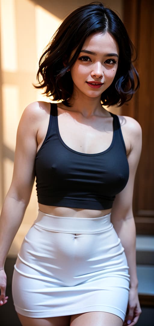  Best quality, masterpiece, ultra high res, (photorealistic:1.4), raw photo, (detail face:1.3), (realistic skin), deep shadow, dramatic lighting, glamorous, voluptuous, carefree, innocent, tight skirt, curvy, mouthwatering, short hair, tank top, white, lovely smile, open-minded, feline, deep shadow, dramatic lighting, portrait, portrait size, unedited, symmetrical balance