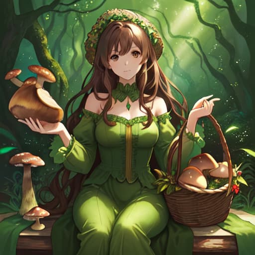  *The cover of the book depicts a beautiful woman in a green dress, with brown hair, sitting next to a basket full of mushrooms. In the background there is a magical forest surrounded by light magic, in the fantasy style.