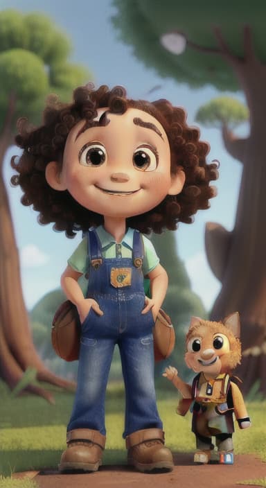  {The tree with a smiling face formed by its bark, looking down at Riley., Riley, a curious with big brown eyes and curly hair, wearing overalls and carrying a small backpack. Their friend, Skye, a bluebird with shiny feathers.