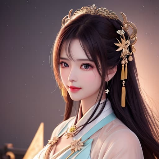  best quality, masterpiece, highres, 1girl,blush,(seductive smile:0.8),star shaped pupils,china hanfu,hair ornament,necklace, jewelry,Beautiful face,upon body, tyndall effect,photorealistic, dark studio, rim lighting, two tone lighting,(high detailed skin:1.2), 8k uhd, dslr, soft lighting, high quality, volumetric lighting, candid, Photograph, high resolution, 4k, 8k, Bokeh hyperrealistic, full body, detailed clothing, highly detailed, cinematic lighting, stunningly beautiful, intricate, sharp focus, f/1. 8, 85mm, (centered image composition), (professionally color graded), ((bright soft diffused light)), volumetric fog, trending on instagram, trending on tumblr, HDR 4K, 8K