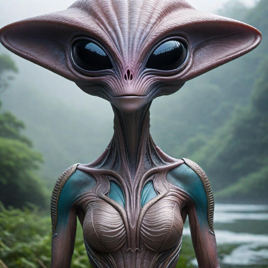  Draw an imaginative and colorful interpretation of what an alien might look like. Include unique features that are commonly associated with extraterrestrial beings, such as an enlarged head, big eyes, and a slender body. The setting should be a whimsical and otherworldly landscape. hyperrealistic, full body, detailed clothing, highly detailed, cinematic lighting, stunningly beautiful, intricate, sharp focus, f/1. 8, 85mm, (centered image composition), (professionally color graded), ((bright soft diffused light)), volumetric fog, trending on instagram, trending on tumblr, HDR 4K, 8K