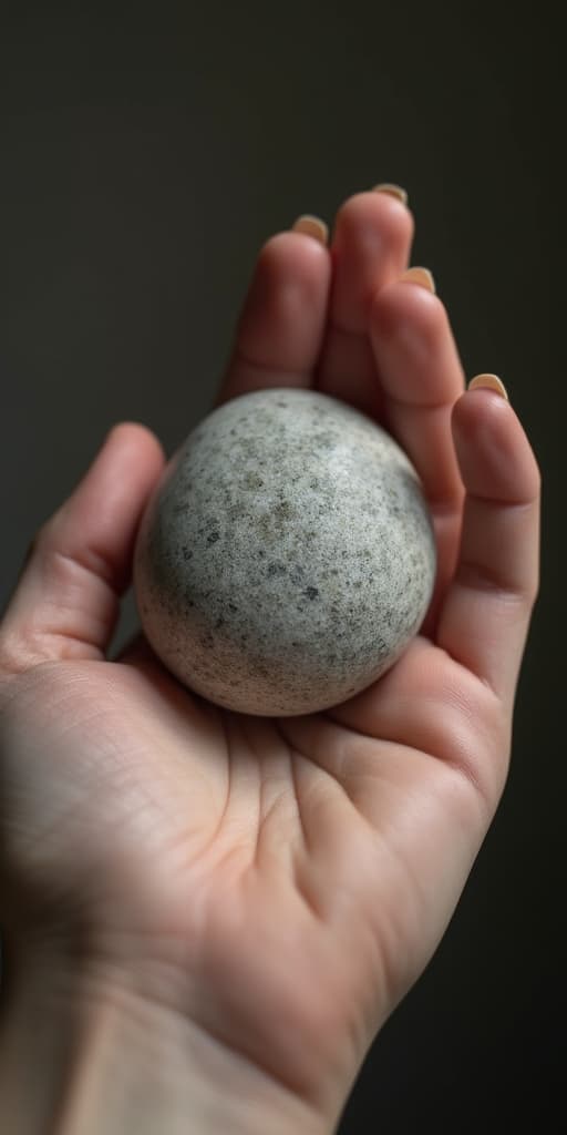  good quality, high quality, close up of a person's hand holding a smooth stone, showcasing the contrast between the skin and the stone's texture. the background is minimal to highlight the hand and stone