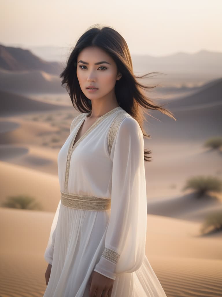  Half body portrait,Young Asian girl in white casual Desert Dress standing in Desert,black hair, look at to camera, cinematic lighting, stunningly beautiful, intricate, sharp focus, f/1. 8, 85mm, (professionally color graded), ((bright soft diffused light)), volumetric fog, trending on instagram, trending on tumblr, HDR 4K, 8K hyperrealistic, full body, detailed clothing, highly detailed, cinematic lighting, stunningly beautiful, intricate, sharp focus, f/1. 8, 85mm, (centered image composition), (professionally color graded), ((bright soft diffused light)), volumetric fog, trending on instagram, trending on tumblr, HDR 4K, 8K