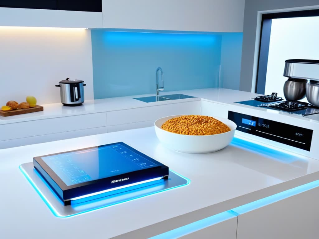  An ultradetailed image of a modern, sleek kitchen filled with stateoftheart baking equipment like smart ovens, augmented reality baking guides, digital scales, and holographic recipe displays. The setting is bright and futuristic, with clean lines and a calming color palette of whites, silvers, and light blues. The image conveys a sense of innovation and hightech sophistication in the world of pastry making, inspiring the reader with the possibilities of augmented reality in the realm of baking. hyperrealistic, full body, detailed clothing, highly detailed, cinematic lighting, stunningly beautiful, intricate, sharp focus, f/1. 8, 85mm, (centered image composition), (professionally color graded), ((bright soft diffused light)), volumetric fog, trending on instagram, trending on tumblr, HDR 4K, 8K