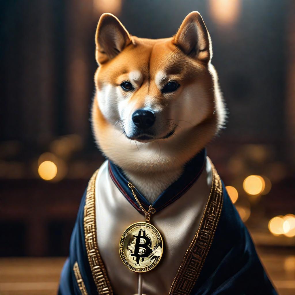  shiba inu holding bitcoin hyperrealistic, full body, detailed clothing, highly detailed, cinematic lighting, stunningly beautiful, intricate, sharp focus, f/1. 8, 85mm, (centered image composition), (professionally color graded), ((bright soft diffused light)), volumetric fog, trending on instagram, trending on tumblr, HDR 4K, 8K