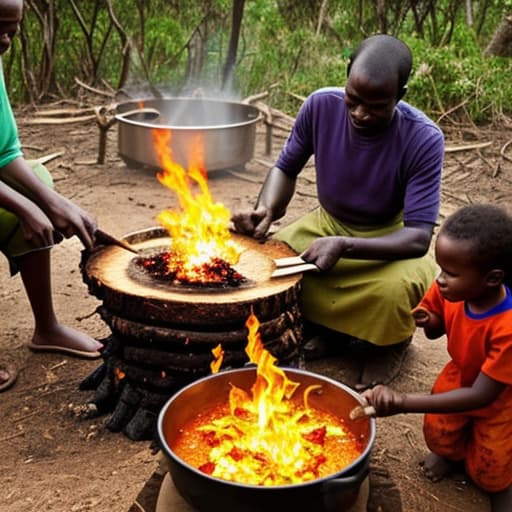  African family cooking food on fire wood