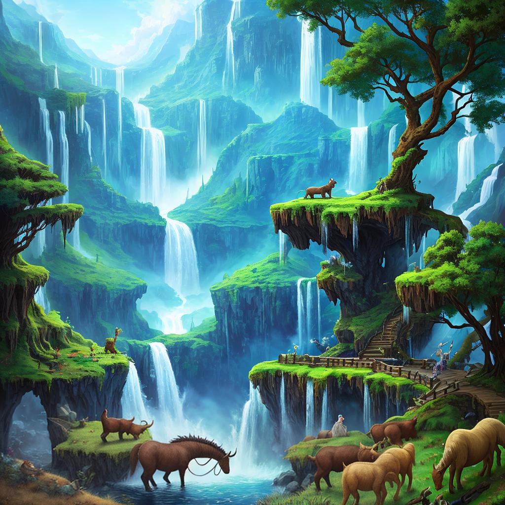  in a fantasy setting, Paint a surreal landscape where mythical beasts roam amidst cascading waterfalls.