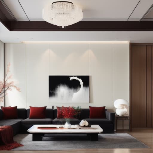  A modern Chinese style living room with coffee and off white as the primary color scheme, complemented by dark red mahogany furniture. The room is simple yet elegant, with a Chinese landscape painting on the wall, bamboo decorations, and ceramic vases. The lighting is soft, creating a cozy atmosphere for reading and socializing. hyperrealistic, full body, detailed clothing, highly detailed, cinematic lighting, stunningly beautiful, intricate, sharp focus, f/1. 8, 85mm, (centered image composition), (professionally color graded), ((bright soft diffused light)), volumetric fog, trending on instagram, trending on tumblr, HDR 4K, 8K