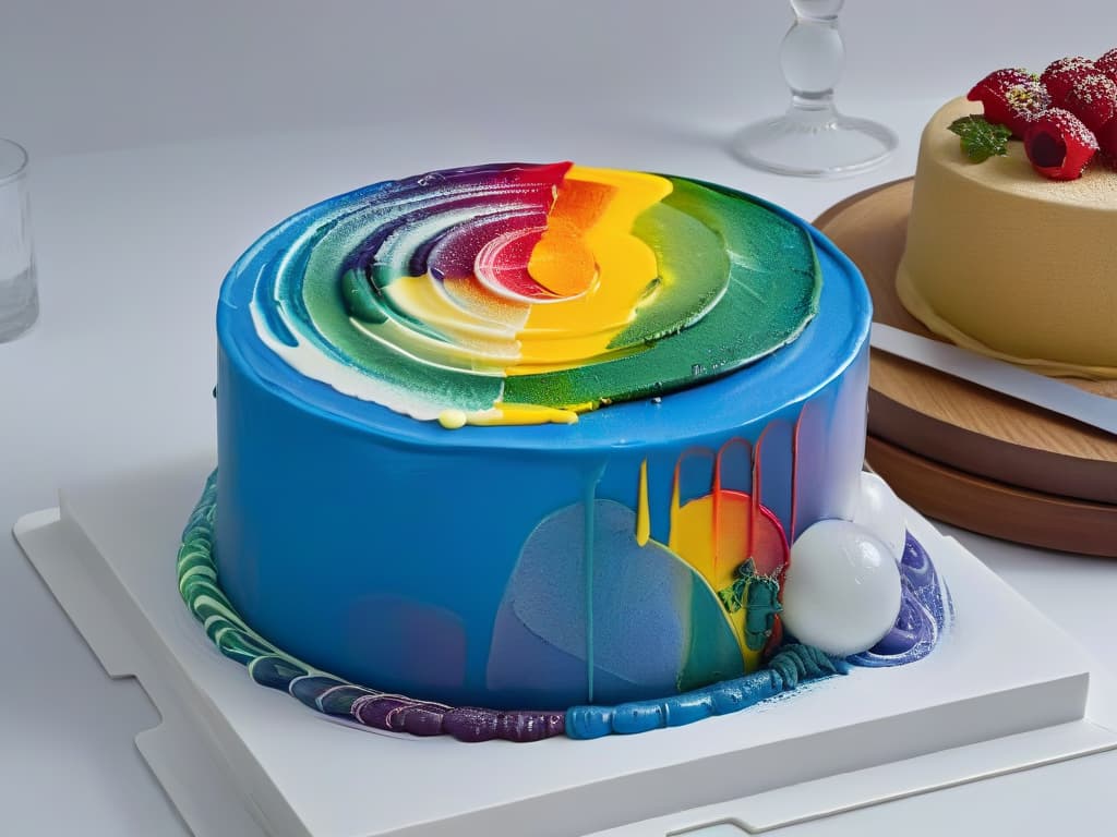  An ultradetailed image of a vibrant rainbowcolored palette of edible paint, showcasing intricate swirls and patterns in each color, set against a stark white background. The paint appears glossy and enticing, with droplets of liquid suspended in a state of artistic suspension, capturing the essence of creativity and culinary artistry. The colors are so vivid that they seem to leap off the screen, inviting the viewer to explore the world of edible painting with a sense of wonder and delight. hyperrealistic, full body, detailed clothing, highly detailed, cinematic lighting, stunningly beautiful, intricate, sharp focus, f/1. 8, 85mm, (centered image composition), (professionally color graded), ((bright soft diffused light)), volumetric fog, trending on instagram, trending on tumblr, HDR 4K, 8K