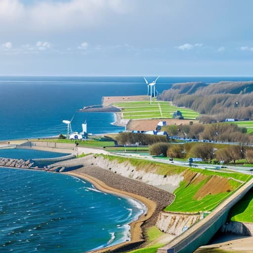  Windmills by the sea, coastlines, trees,