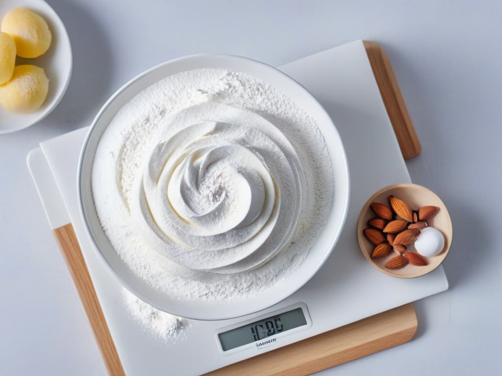  A beautifully arranged, topdown view of a pristine white marble kitchen counter, with a sleek, modern kitchen scale displaying precisely measured piles of almond flour, powdered sugar, and egg whites in separate bowls. Delicate wisps of flour hang in the air around the bowls, capturing the precise moment of preparation for creating the traditional Norwegian Kransekake. hyperrealistic, full body, detailed clothing, highly detailed, cinematic lighting, stunningly beautiful, intricate, sharp focus, f/1. 8, 85mm, (centered image composition), (professionally color graded), ((bright soft diffused light)), volumetric fog, trending on instagram, trending on tumblr, HDR 4K, 8K