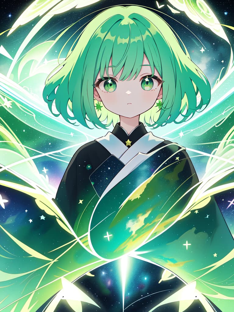  Green hair character outer space peace usage committee, masterpiece, best quality,8k,ultra detailed,high resolution,an extremely delicate and beautiful,hyper detail