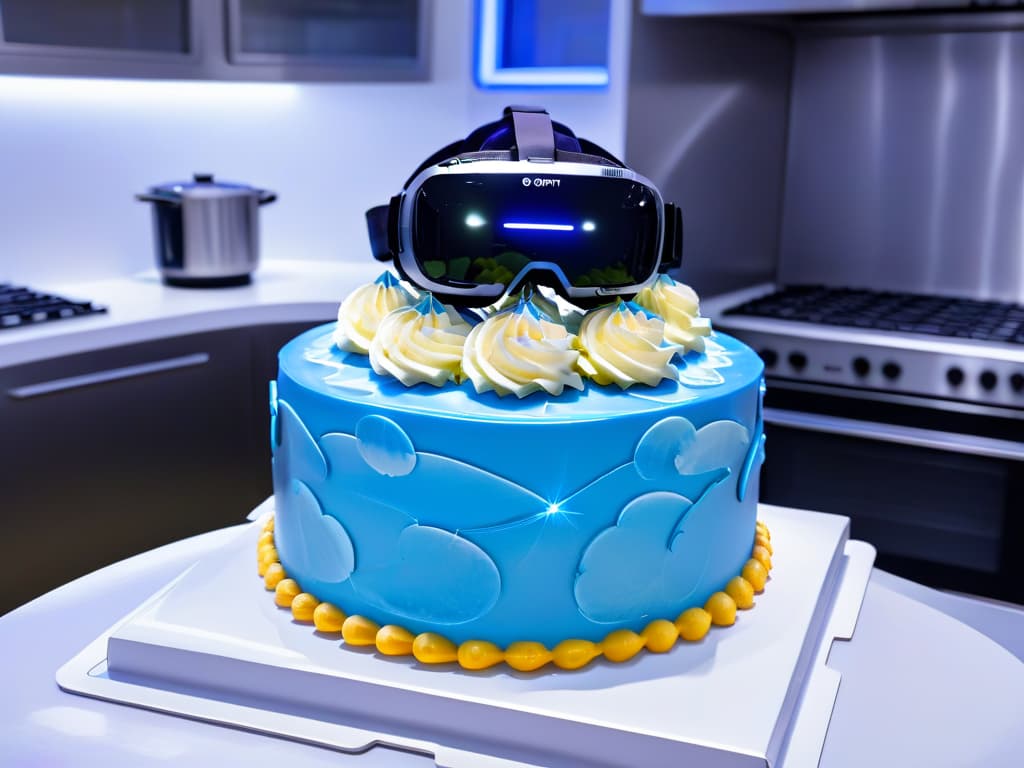  A minimalistic and highly detailed image of a virtual reality headset overlaying intricate, holographic cake decorations in a futuristic kitchen setting. The headset is sleek and modern, emitting a soft blue light that illuminates the delicate details of the digital confections, showcasing the seamless integration of augmented reality technology with the art of pastry making. hyperrealistic, full body, detailed clothing, highly detailed, cinematic lighting, stunningly beautiful, intricate, sharp focus, f/1. 8, 85mm, (centered image composition), (professionally color graded), ((bright soft diffused light)), volumetric fog, trending on instagram, trending on tumblr, HDR 4K, 8K