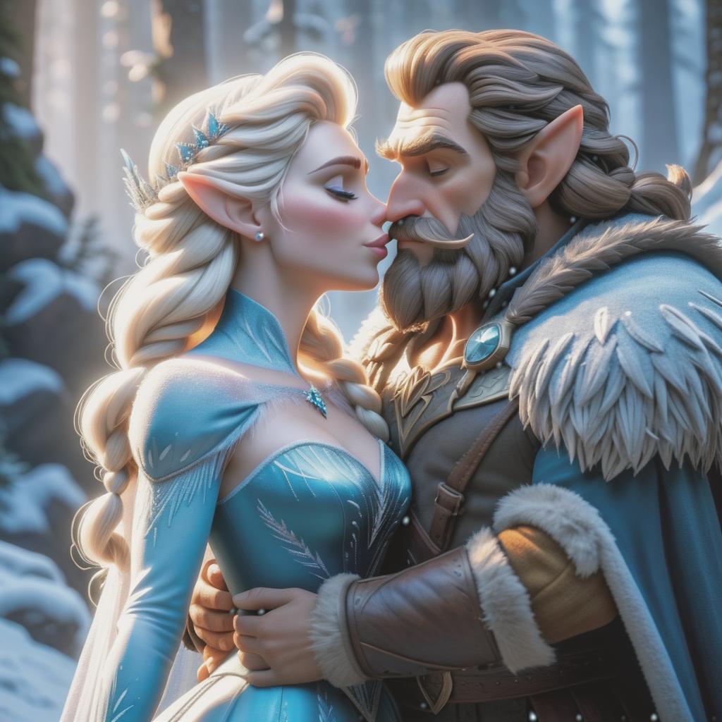  Elsa from the cold heart is kissing a dwarf. hyperrealistic, full body, detailed clothing, highly detailed, cinematic lighting, stunningly beautiful, intricate, sharp focus, f/1. 8, 85mm, (centered image composition), (professionally color graded), ((bright soft diffused light)), volumetric fog, trending on instagram, trending on tumblr, HDR 4K, 8K