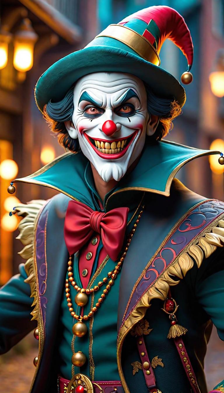  Professional 3D model of a sinister jester in a dark carnival. Dark, mysterious, scary, haunting, dramatic, ornate, detailed. . Rendered with Octane, the model is highly detailed,dramatic lighting. hyperrealistic, full body, detailed clothing, highly detailed, cinematic lighting, stunningly beautiful, intricate, sharp focus, f/1. 8, 85mm, (centered image composition), (professionally color graded), ((bright soft diffused light)), volumetric fog, trending on instagram, trending on tumblr, HDR 4K, 8K